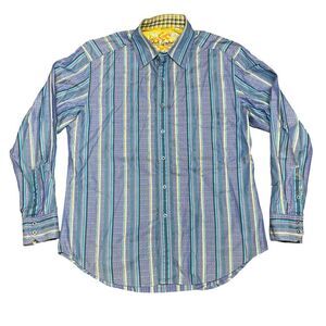 Robert Graham Button Shirt Mens Large Navy Striped Tailored Fit Hi Vis Flip cuff